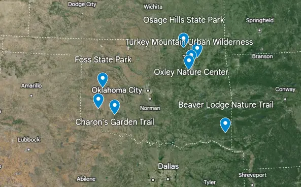 map of Oklahoma Hiking Trails - Google Earth Screenshot