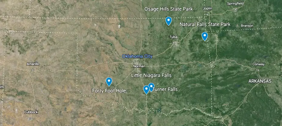 map of waterfalls in Oklahoma